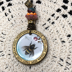 bee-love & a pink flower enameled necklace pendant