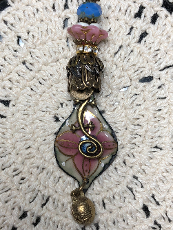 rustic urban gecko, pink flower enameled pendant