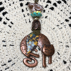 copper cat, yellow leaf, white bird necklace pendant