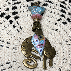 bronze cat, pink & blue, golden  flower leaf, blue bird necklace pendant