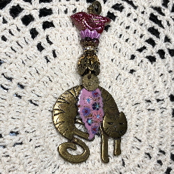 bronze cat, pink floral leaf, fuchsia bird necklace pendant