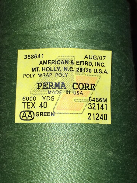 Perma Core Tex 40 Serger Thread Cone Green 6000yds