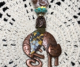 copper cat, yellow leaf, white bird necklace pendant